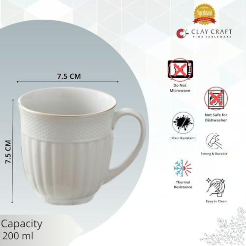 Image of Clay Craft Fine Ceramic Tea Cups Set of 6| 200 Ml Elegant Textured Cups with Comfortable Handle | Ideal for Tea| Coffee| Home Use & Gifting