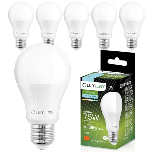 Lumiled A60 E27 LED Lampe, 10W (ersetzt 75W), 1055 Lumen Leuchtmittel, 6500K Kaltweiß Birnen Lampen, Nicht Dimmbar, 260° Grad Strahlwinkel Glühbirne 6er-Pack Energiesparlampe Tropfen
