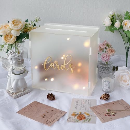 Image of OurWarm Acrylic Wedding Card Box with String Light, Frosted Gift Card Box for Wedding Decorations for Reception, Money Box for Bridal Shower Decorations Party Reception Anniversary