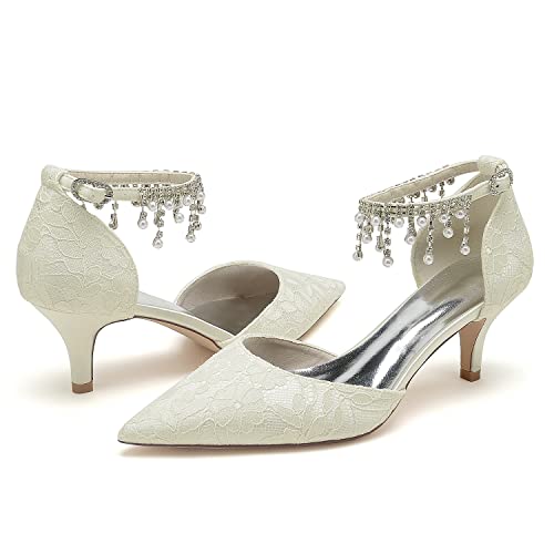 Women's Lace Wedding Shoes for Bride Pearl Tassel Bridal Shoes Opinted Toe Ankle Strap Bridals Heels3