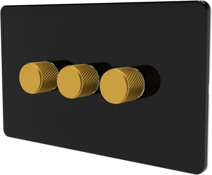 LED Dimmer Switch [Metal Knob/Plastic faceplate] 2-way Rotary Push On/Off for Dimmable LED and Halogen Lights, minimum brightness adjustable - Black/Gold 3-Gang — image 1