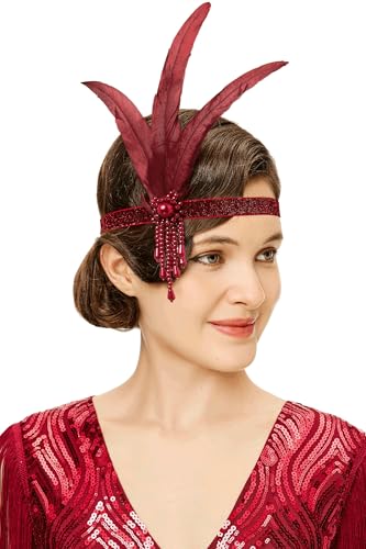 BABEYOND Serre-tête à plumes années 1920 Flapper Bandeau vintage années 1920 à perles Serre-tête Flapper Accessoires de costume Great Gatsby, Rouge
