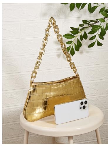 GORGLITTER Women's Metallic Shoulder Bag Crocodile Embossed Clutch Purse Chain Zipper Closure Funky Handbag4