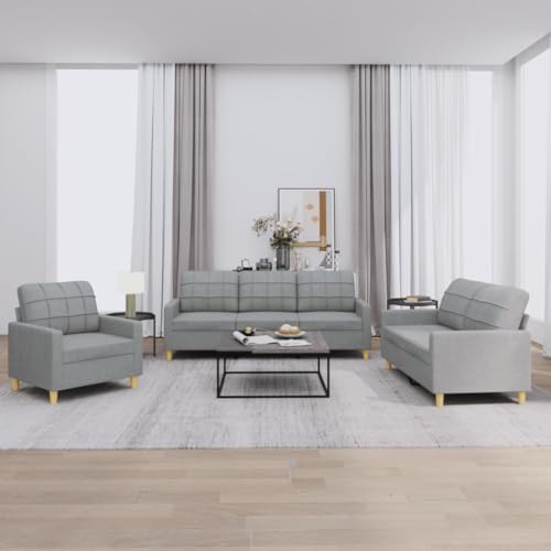 vidaXL Sofagarnitur 3-TLG., Sessel Couch mit Kissen, Sofa Wohnzimmersofa mit Armlehnen, Couchgarnitur Designsofa Sitzmöbel Polstermöbel, Hellgrau Stoff – Bild 3