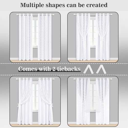 Image of Yinhua White Curtains for Living Room Double Layer Blackout Curtains for Bedroom 84 Inches Long Nursery Curtain with Tiebacks, Thermal Insulation Grommet Drapes for Dining Room, 52 inch W x 84 inch L