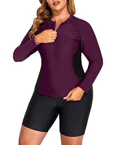 Daci Women Purple 2 Piece Plus Size Long Sleeve Rash Guard Bathing Suit Zip Front Athletic Boy Shorts Tankini Swimsuits Upf 50 18 Plus #TOP2