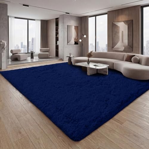 Poboton Super Soft Shaggy Area Rugs Fluffy Carpets,Indoor Area Rugs for Living Room Bedroom Kids,College Students Home Decor, Rectangular Fuzzy Rug,5x8 Feet, Solid-Dark Blue