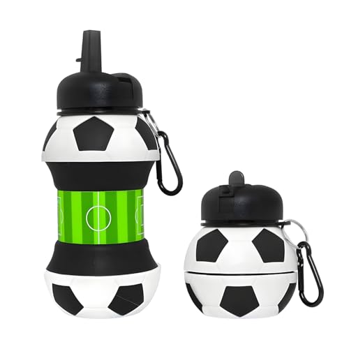 Image of Koochie-Koo Football Design Silicone Collapsible Water Bottles, Portable Sports Bottle with Carabiner Clip, Leak Proof, BPA Free, Sipper Cup with Sippy Straw, 3+ Years, 550 ml (Pack of 1, White)