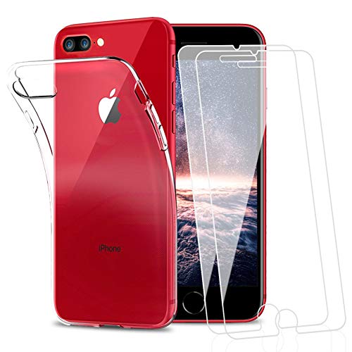 Amonke Funda para iPhone 7 Plus iPhone 8 Plus + 2 Pcs Protector de Pantalla para iPhone 7 8 Plus Cristal Templado, Flexible Suave Silicona Transparente TPU Carcasa + Vidrio Templado para iPhone 7+ 8+