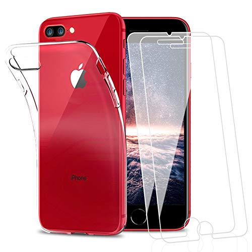 Amonke Funda para iPhone 7 Plus iPhone 8 Plus + 2 Pcs Protector de Pantalla para iPhone 7 8 Plus Cristal Templado, Flexible Suave Silicona Transparente TPU Carcasa + Vidrio Templado para iPhone 7+ 8+