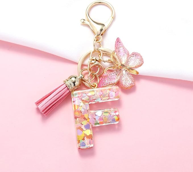 Image of GEOCARTER Lightweight Fashion Initial Letter Key Ring with Butterfly Pendant & Tassel, Stylish Purse Charm for Handbags, Car Keys, Gifts for Girls & Women