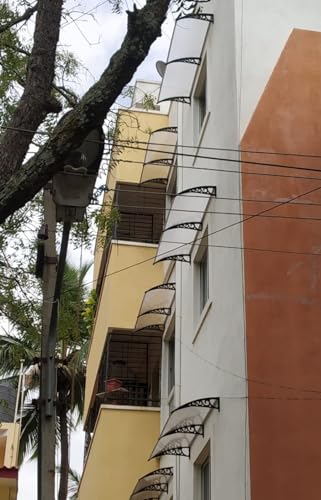 Image of CHENNAI Window Blinds and Shades DIY Polycarbonate Awning (Engineered Plastic Brackets) Window Sunshade Door Weather Shed Rain Canopy Awnings - 4'Widthx3'Depth (White Brackets & Clear Sheets)