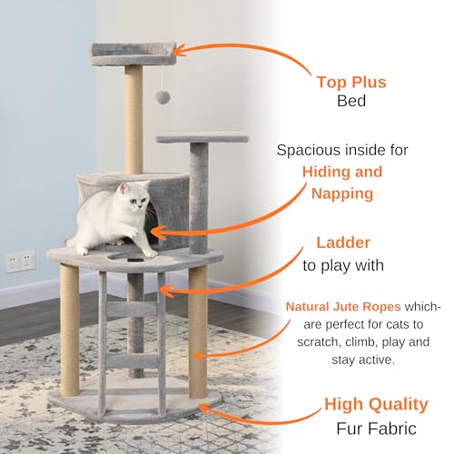 Image of Multi-Level Cat Tree Tower, 47 Inch Tall Green Plush Condo with Natural Jute Posts, Platforms, Perches, 19 Inch Base (FURR-49) (Grey)