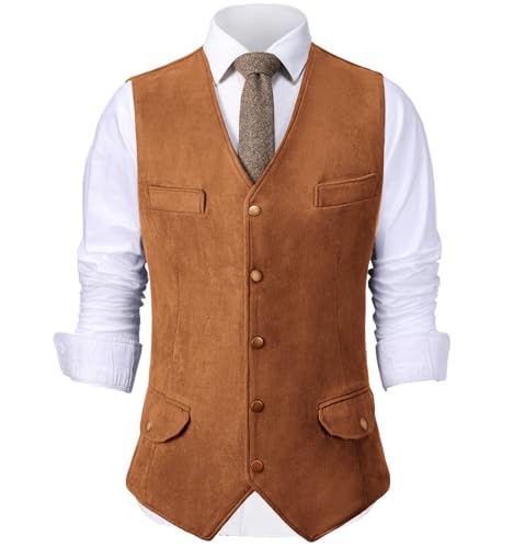 Men's Faux Suede Leather Cowboy Western Vest Cowhide Classic Warm Vest Waistcoat for Men