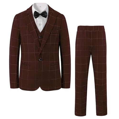 LOLANTA 5 Piezas Traje Formal para Niños, Boda de Niño, Cumpleaños, Traje de Prom con Blazer Chaleco, Pantalones, Camisa, Pajarita, Trajes de Esmoquin(Burdeos, 11-12 años, 160)