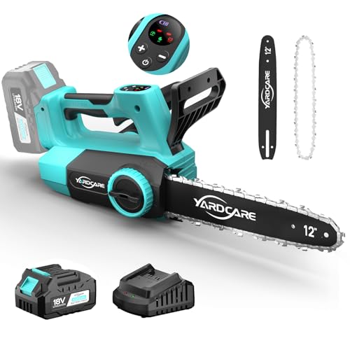 YARDCARE Tronçonneuse sans fil 12 pouces, moteur brushless 1200W, batterie 4Ah, écran LED, tension de chaîne sans outil, lubrification automatique et protection anti-rebond, vitesse de coupe 15 m/s