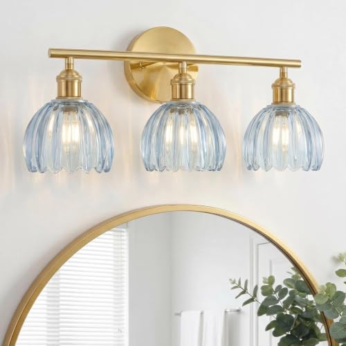 Image of Gold Bathroom Light Fixtures Over Mirror, 3 Light Bathroom Vanity Light with Tulip Blue Glass Lampshade, Vintage Vanity Lights for Bathroom, Bathroom Vanity Lights Over Mirror