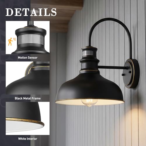 Image of zeyu 11'' Black Porch Light Fixture Wall Mount, Farmhouse Exterior Barn Light for Garage Patio, Motion Sensor Outdoor Barn Light with Metal Finish, 02A390-SE ROB