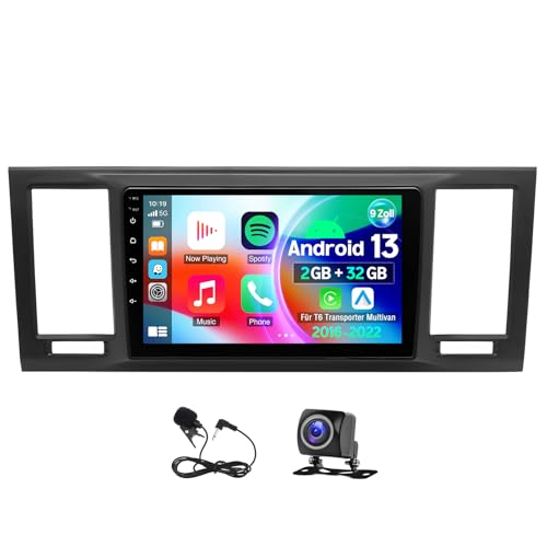 Android Autoradio 2 Din für VW T6 Transporter Multivan 2016-2022 mit Carplay Android Auto 9 Zoll Touchscreen Bluetooth EQ Mirror Link WiFi Navigation FM/RDS DSP HiFi Rückfahrkamera+ Mic, 2+32G