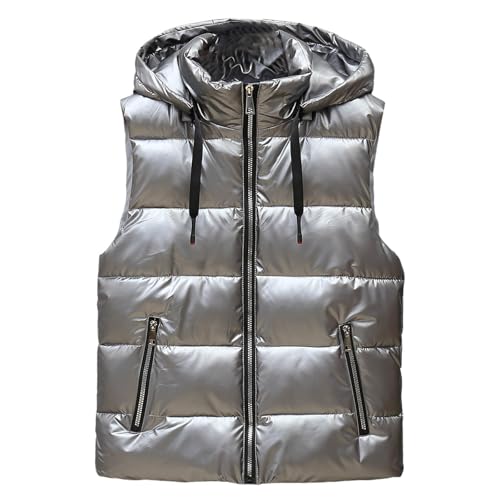 YOSUWOAI Chaleco acolchado brillante para hombre Chaleco cálido sin mangas con capucha chaleco brillante al aire libre para invierno trabajo deportes al aire libre chaleco de invierno monocolor con