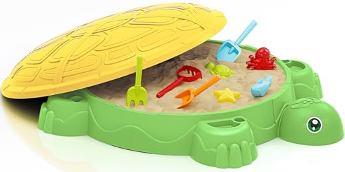 Tortuga Arenero Niños Exterior Juguete, Caja de Arena al Aire Libre con 4 Moldes de Playa y 4 Palas de Playa de Arena, Juegos Sensoriales al Aire Libre Regalo para Niños Niñas 2 3 4 5 Años (Amarillo)