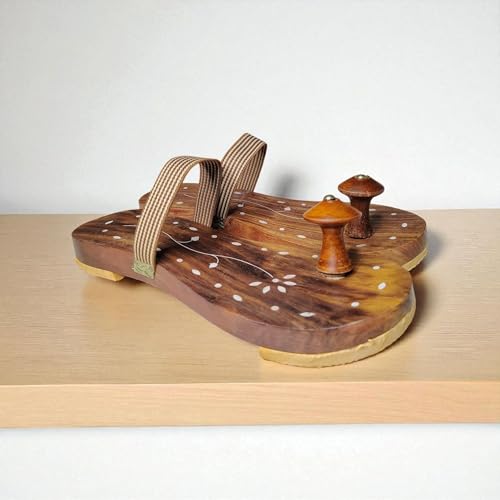 Image of Lakdi /Wooden Khadau Slippers with Floral Design, Sheesham Wood, Rubber Sole, for Mandir and Pujan, UK Size 7-8