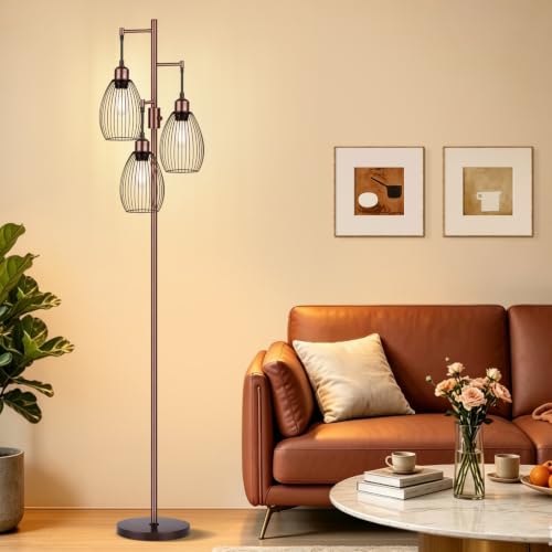 Image of Dimmable Floor Lamp, 3 x 800LM LED Edison Bulbs Included, Farmhouse Industrial Floor Lamp Standing Lamp with Elegant Teardrop Cage Head Tall Lamp for Living Room Bedroom Office Dining Room - Brown