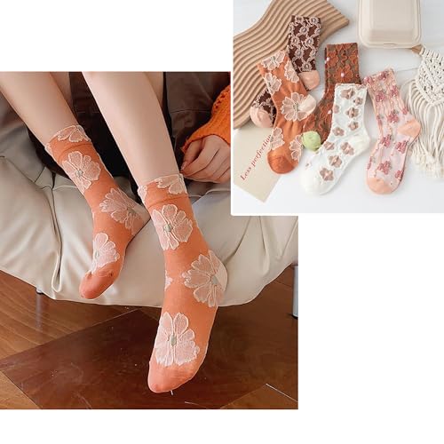 Mid Tube Crew Socks with Lace Ruffled Cuffs Delicate Embroidered Floral and Ruffle Designs Assorted Colors Pack of 5 Suitable for Women's Size 5-102