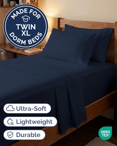Image of Extra Deep Twin XL Sheet Set - 4 Piece Breathable & Cooling - Navy Blue | Hotel Luxury Bed Sheets Set, Easy & Secure Fit, Ultra-Soft, Wrinkle & Fade Free, Comfy Sheets Set with Extra Deep Pockets