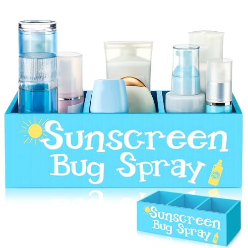 CroBlissful Sunscreen Bug Spray Storage Basket Blue Summer Wooden Box with 3 Compartments Toilet Tank Tray for Indoor Outdoor Swimming Pool Decor Sunblock Sunglasses Beach Pool Toy Storage Box