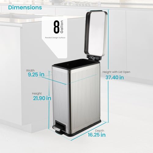 Image of Home Zone Living 8 Gallon Kitchen Trash Can with Slim Fit Design | Stainless Steel with Soft-Close Step Pedal Lid, Bag Tuck Band for Easier Bag Changes, Rectangular Shape, Reeded Style, Silver
