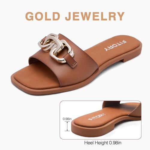Image of FITORY Women's Flat Sandals Fashion Slides With Soft Leather Slippers for Summer Size 6-11