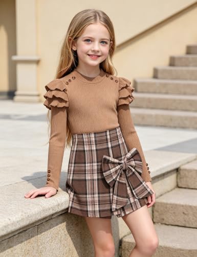 Image of Girls Clothes 2 Piece Ruffle Long Sleeve Shirt Top and Bow Plaid Skirt Set Girls Fall Winter Outfits 6-16 Years