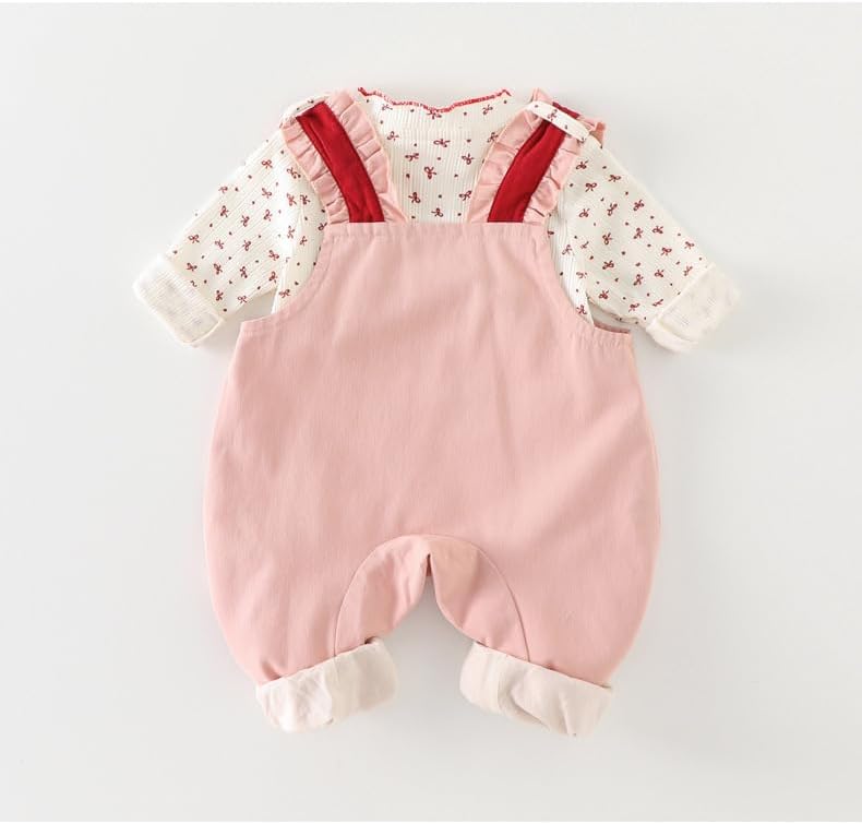 Irsutey Baby Girls Bunny Print Overalls 2-Piece Set, Ruffle Trim Long Sleeve Top & Cute Jumpsuit, Infant Casual Clothing