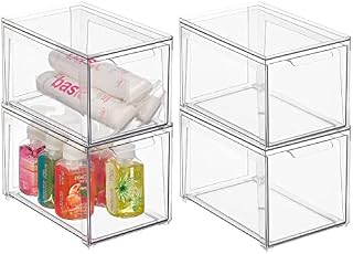 mDesign Storage Box  Deep Stackable Plastic Container with Pull-Out Drawer  Bathroom Organiser Box for Toiletries, Makeup and Beauty Products  Set of 4  Clear