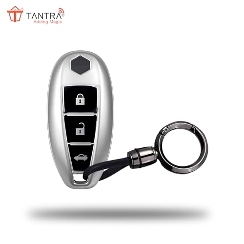 Image of SIAGO TPU Key Cover and Round Keychain Compatible for Maruti Suzuki Baleno, Vitara Breeza, S Cross, Ciaz, Swift, Ignis, 3 Button Smart Key Cover (Grey)
