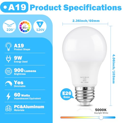 Maylaywood A19 LED Light Bulb 60W Equivalent, Dimmable 5000K Daylight White by Maylaywood - Used condition - Image 2