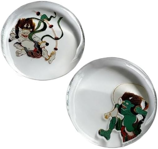 Japanese Glass Chopstick Rest Set (4 Pieces) – Traditional Art Design Table Decor, Round Glass Chopstick Holders or Mini Decorative Ornaments, Made in Japan, Fujin & Raijin