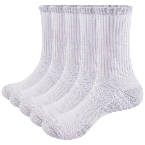 YUEDGE Womens Cushioned Crew Socks for Women Size 6-9, Breathable Wicking Womens Socks Performance Gym Tennis Training Athletic Socks, 5 Pairs