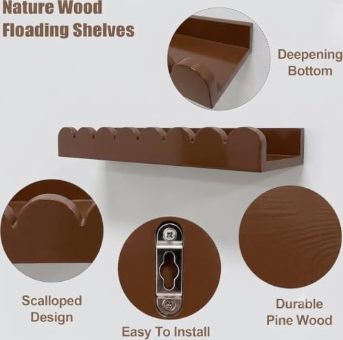 Image of Scalloped Shelves for Nursery - Wall Book Shelves for Bedroom Kids, Nursery Bookshelf for Wall Set of 4, Floating Book Shelves Solid Wood,18 Inch (Brown)