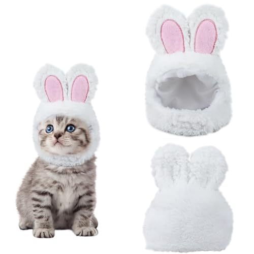Gorro de conejo para gato blanco con diseño divertido y cierre ajustable 2