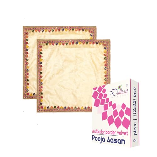 Dulhan Divine Pooja Cloth for Mandir |Pack of 2| Small Size Puja Aasan, 12x12 Inch, Off White Velvet Altar Cloth for Puja Table, Chowki,Puja Cloth for God Idol Sitting|Mandir Ka Kapda for Baithak Mat