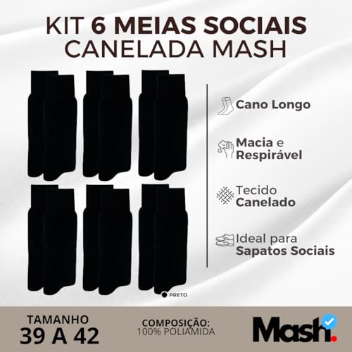 Kit 06 Meia Social Mash Poliamida Cano Longo Canelada | 6 Preto | 39-42