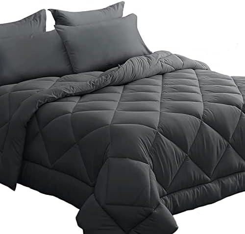 HEVUMYI Queen Comforter Set, 8 Pieces All Season Bed in a Bag Queen, Down Alternative Bedding Sets Queen with Comforter, Flat Sheet, Fitted Sheet, Bed Skirt, Pillowcases & Pillow Shams (Dark Gray)