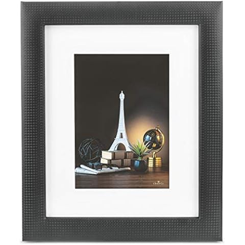 Glenor Co 8 x 10 Picture Frame with Stand & Mat for 5x7 Photo - Wall Mount or Table top - Horizontal & Vertical - Pre-Installed Hooks - Modern Display Frames -Carbon Fiber Leather Design - Black Cover