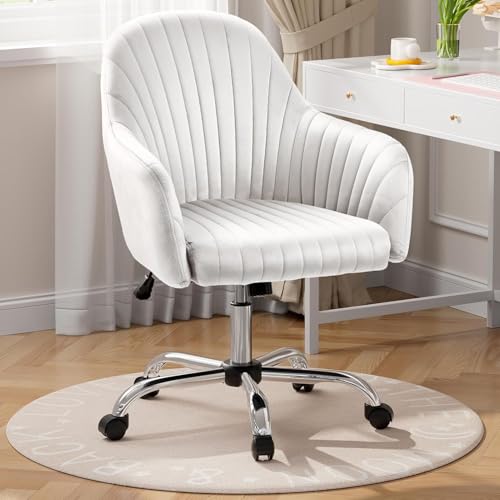 Image of AZAKEE Velvet Office Chair with Wheels & Armrests - Mid-Back Swivel Desk Chair for Home Office, Study, Bedroom & Vanity - Adjustable Height, Comfortable & Stylish (White)