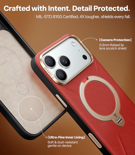 Image of TORRAS Q3 VegSkin for iPhone 17 Pro Max Case Leather, 360 Spin Magnetic Stand, Fit for MagSafe, Camera Control, Shockproof Premium Organic Silicone Leather Case for iPhone 17 Pro Max, Crimson Red