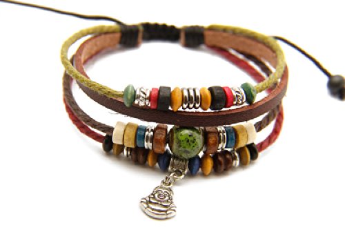 Agathe creation N02238 Bracelet tibetain Porte Bonheur - Cuir, Chanvre et Perles de Bois, céramique et métal - Bouddha Rieur - Multicolor - Fait Main