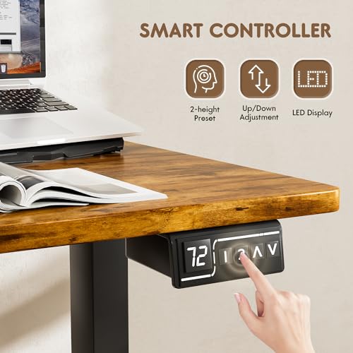 Furmax 63 x 55 Inch L Shaped Standing Desk with 2 Preset Heights, Electric Height Adjustable Computer Table, 2 Hooks & Feet Balance, Corner Sit Stand Desk for Home Office (Rustic Brown)