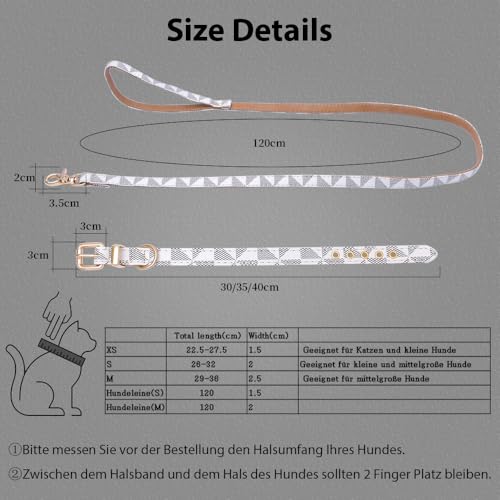 Viwind Hundehalsband Leder Verstellbares Leine Set 1.5/2cm Weiches Leder Geeignet für Katzen und Hunde (Weiß -Leine, 2cm-120cm)